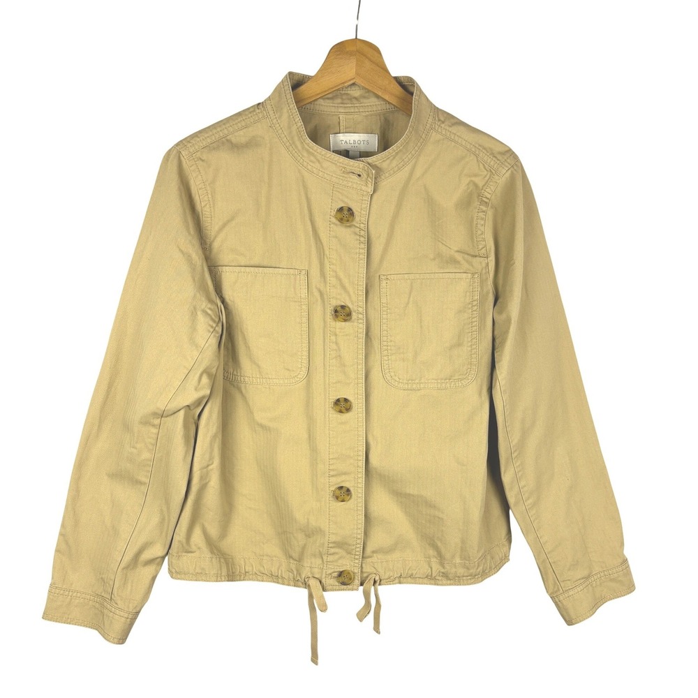 Talbots Utility Jacket Mock Neck Drawstring L Tan Cotton Button Safari Earthy